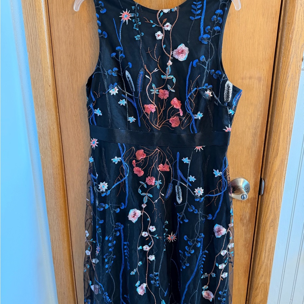 JJs House Black Midi Dress with Multicolor Floral Embroidery